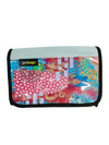 handlebar bag publicity banner patchwork of blue, red, pink, and yellow hues