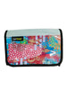 handlebar bag publicity banner patchwork of blue, red, pink, and yellow hues